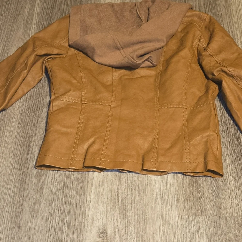 Tan Leather Hooded Jacket for Girls